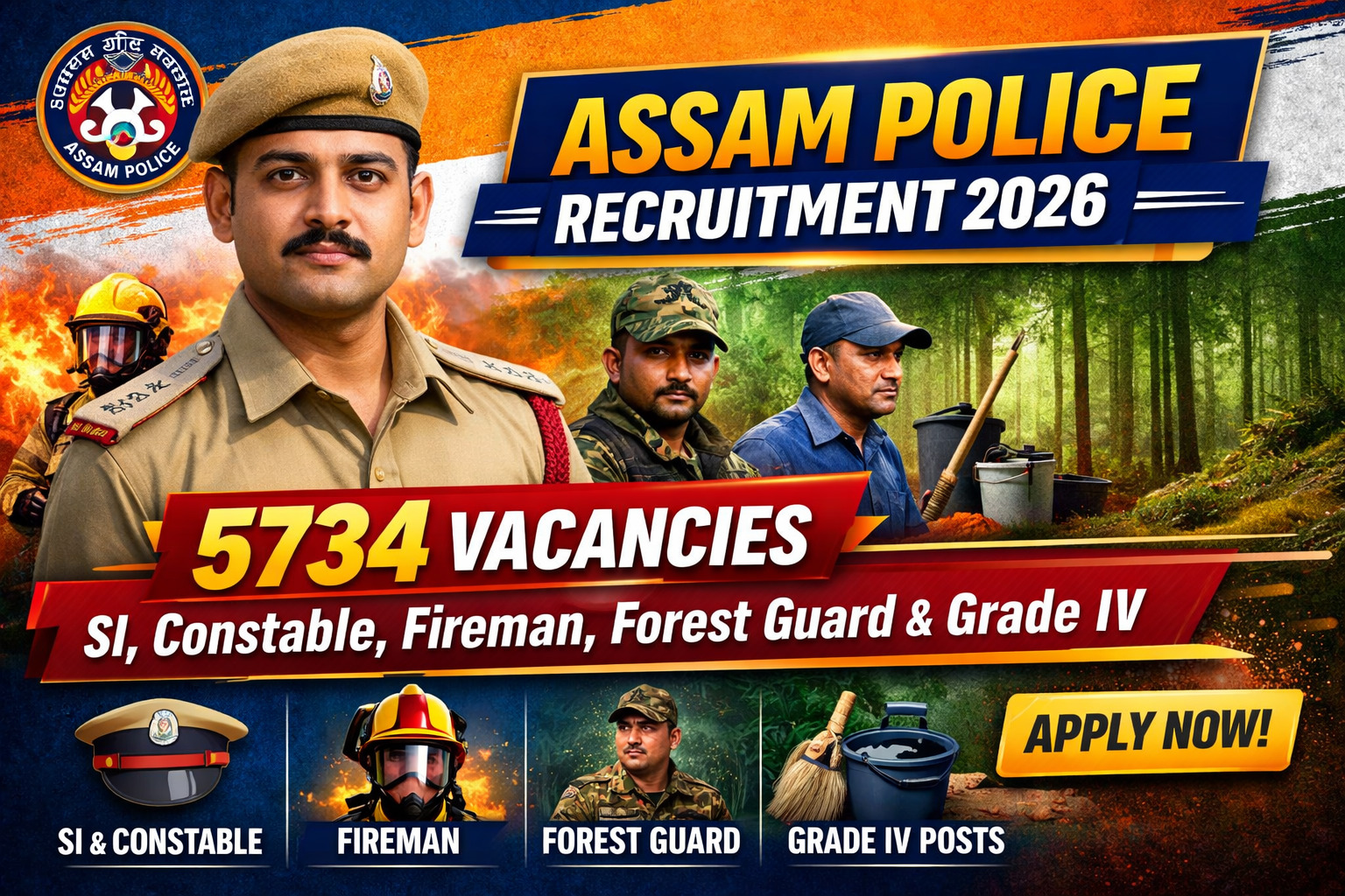 Assam Police Recruitment 2026: 5,734 Posts Across Police, Forest, Fire and Prisons – Apply Free by Feb 28