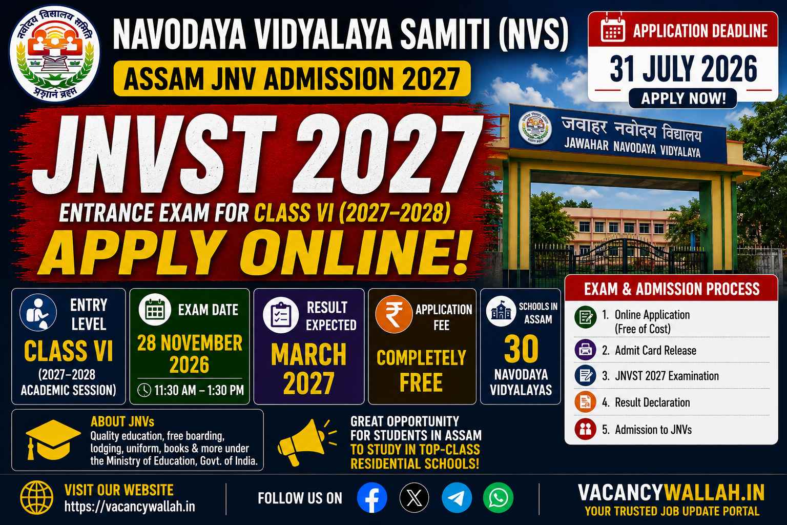 Assam JNV Admission 2027: Apply Online for Class 6, Last Date July 31