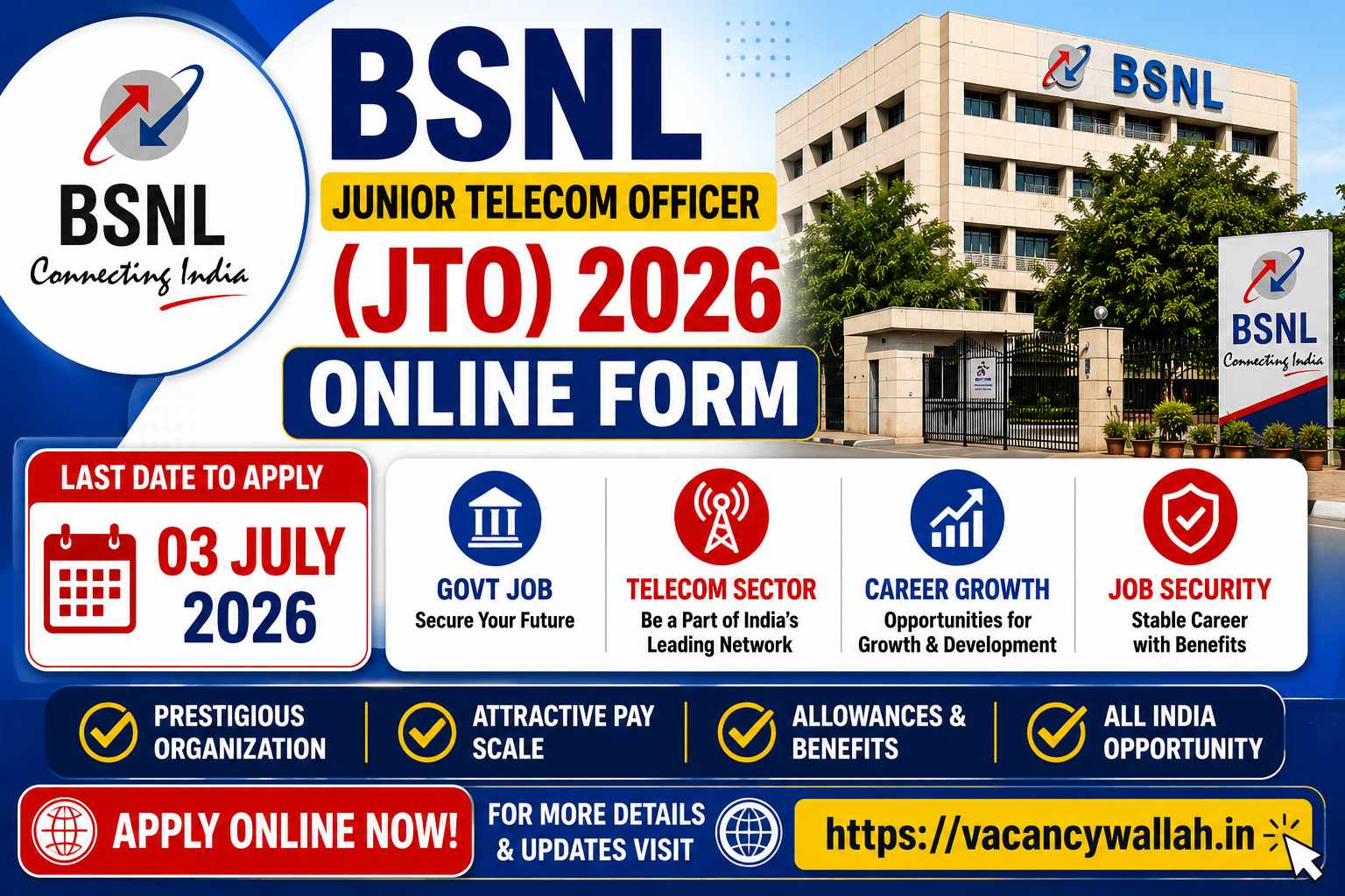 BSNL JTO Recruitment 2026: 100 Posts for Engineering Graduates, Apply by July 3