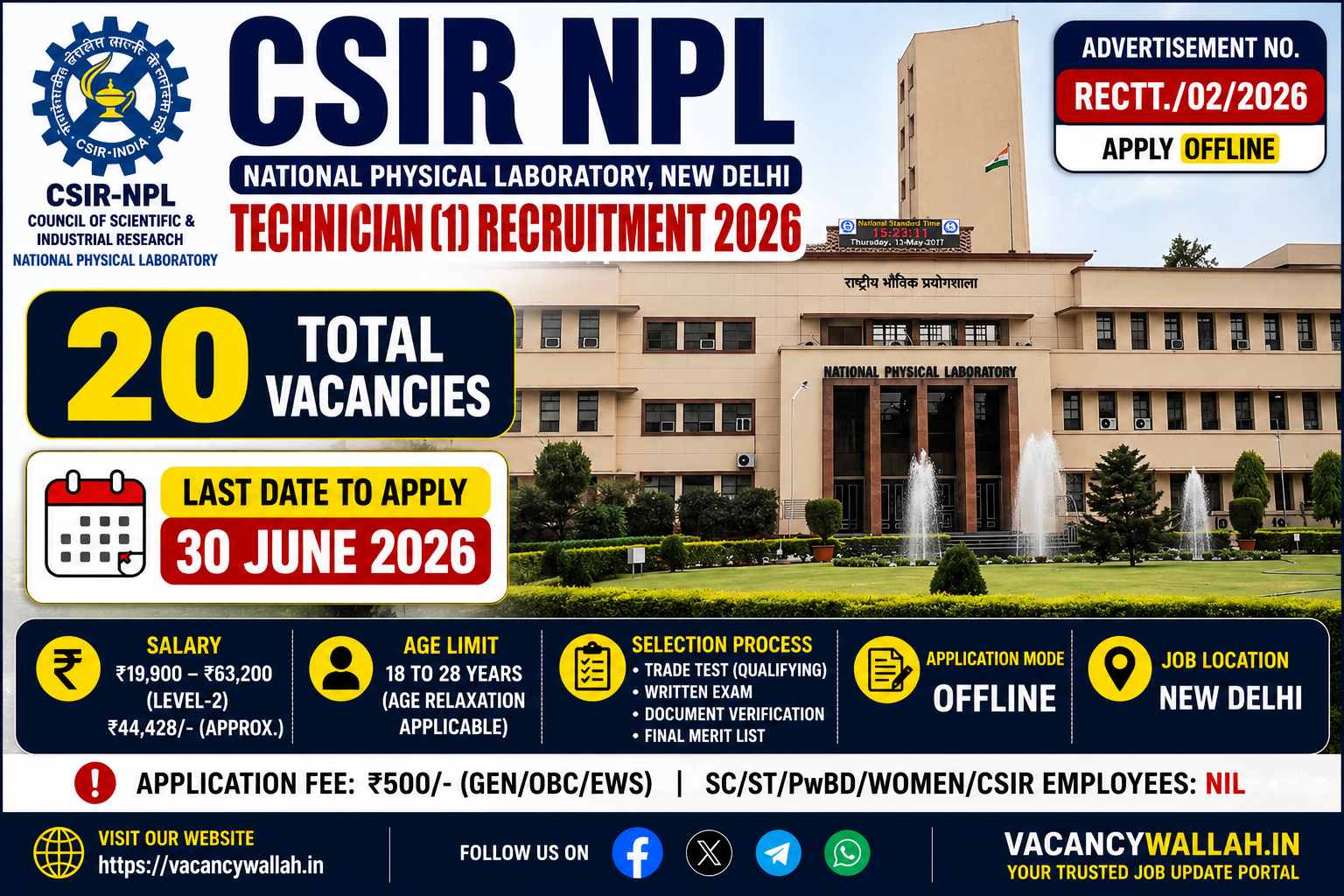 CSIR NPL Technician Recruitment 2026 Notification Out for 20 Posts: Apply Offline, Eligibility, Age Limit, Salary & Selection Process