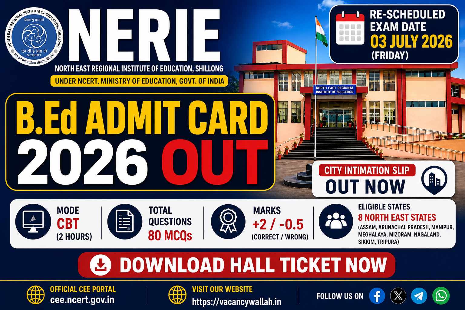 NERIE B.Ed Admit Card 2026 Out: Download RIE CEE Hall Ticket, Re-Scheduled Exam Date (03 July), Direct Link