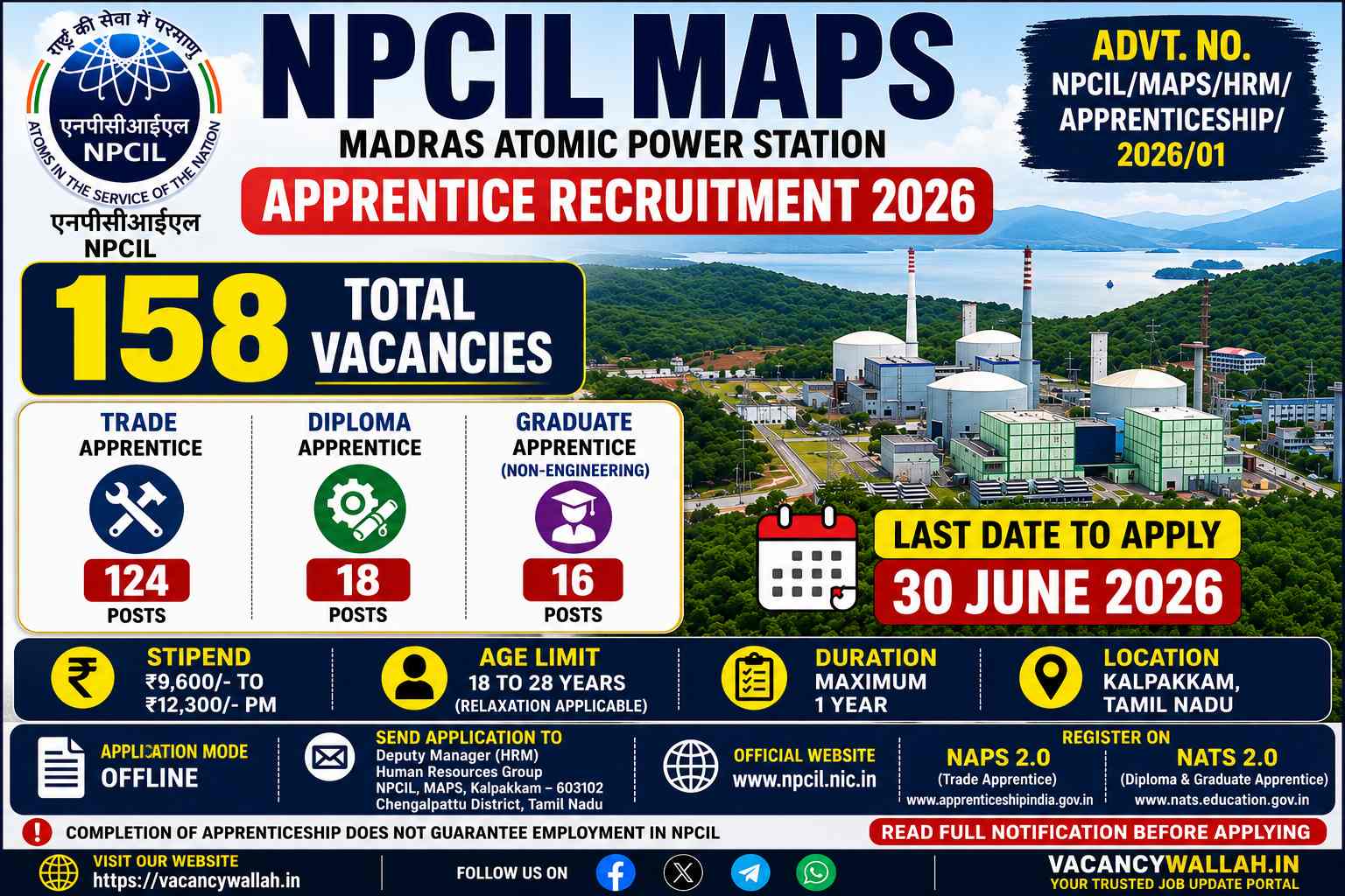 NPCIL MAPS Apprentice Recruitment 2026 Notification Out for 158 Posts: Apply Offline, Eligibility, Stipend, Age Limit & Vacancy Details