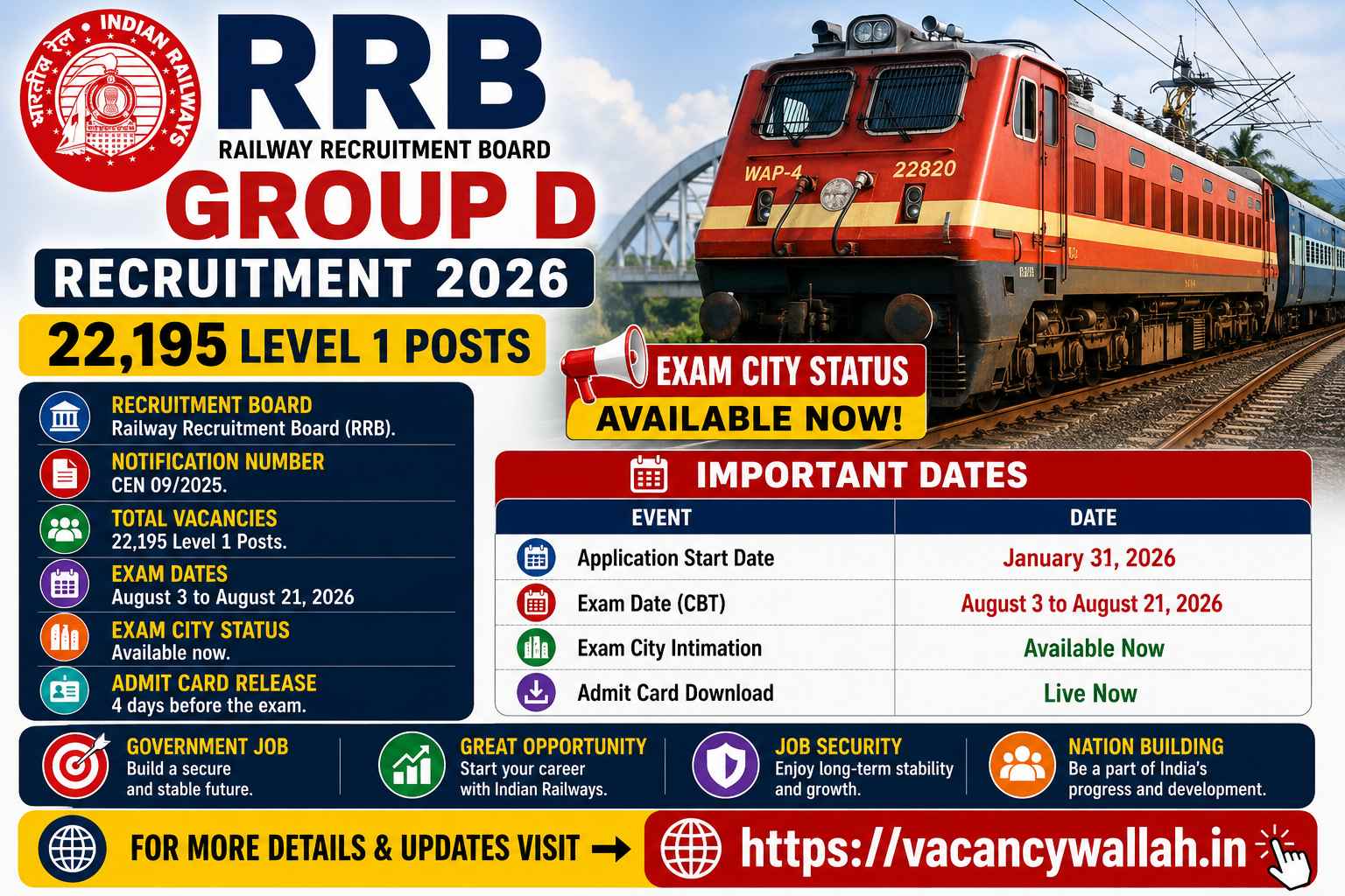 RRB Group D Exam City 2026 Out: Admit Card Download for August Exam