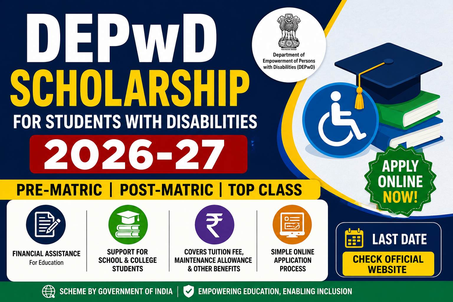 DE PwD Scholarship 2026-27: Pre-Matric, Post-Matric & Top Class Education Eligibility, Slots & Apply Online